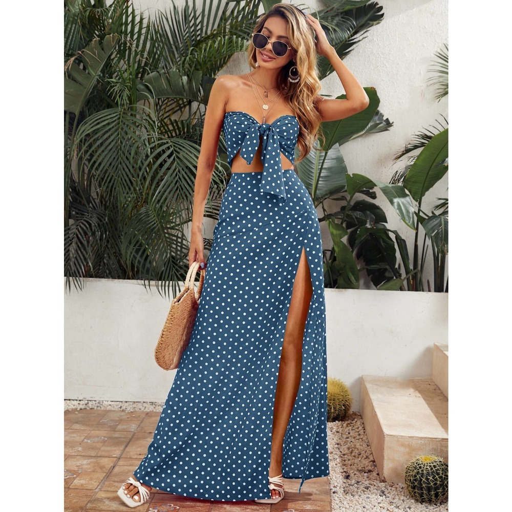 2 piece set: Polka Dot Tied Crop Tube Top & Split Thigh maxi Skirt Set yellow - Picture 8 of 8